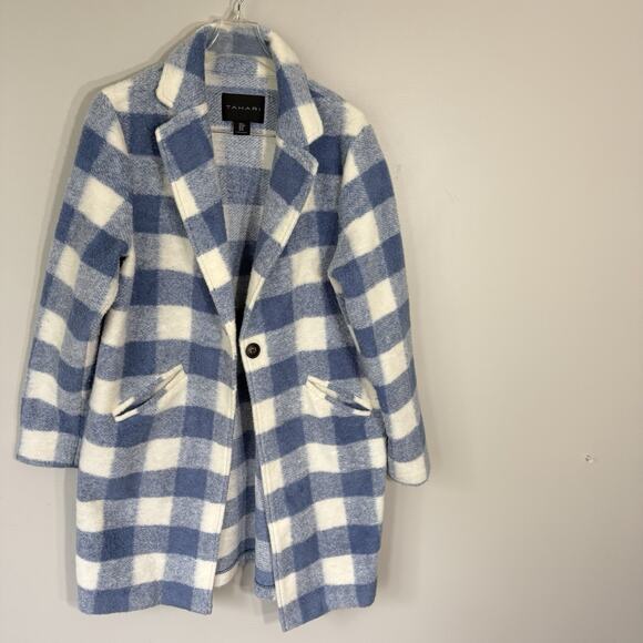 Tahari Women's Windowpane Blue Plaid Wool Coat Jacket Size M Classic - Picture 1 of 4